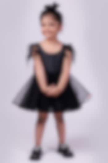 Black Satin & Net Feather Dress For Girls by PiccoRicco at Pernia's Pop Up Shop