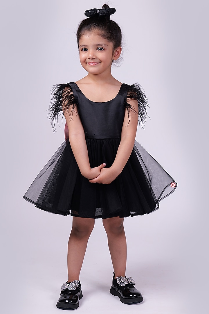 Black Satin & Net Feather Dress For Girls by PiccoRicco at Pernia's Pop Up Shop