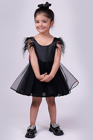 Black Satin & Net Feather Dress For Girls by PiccoRicco