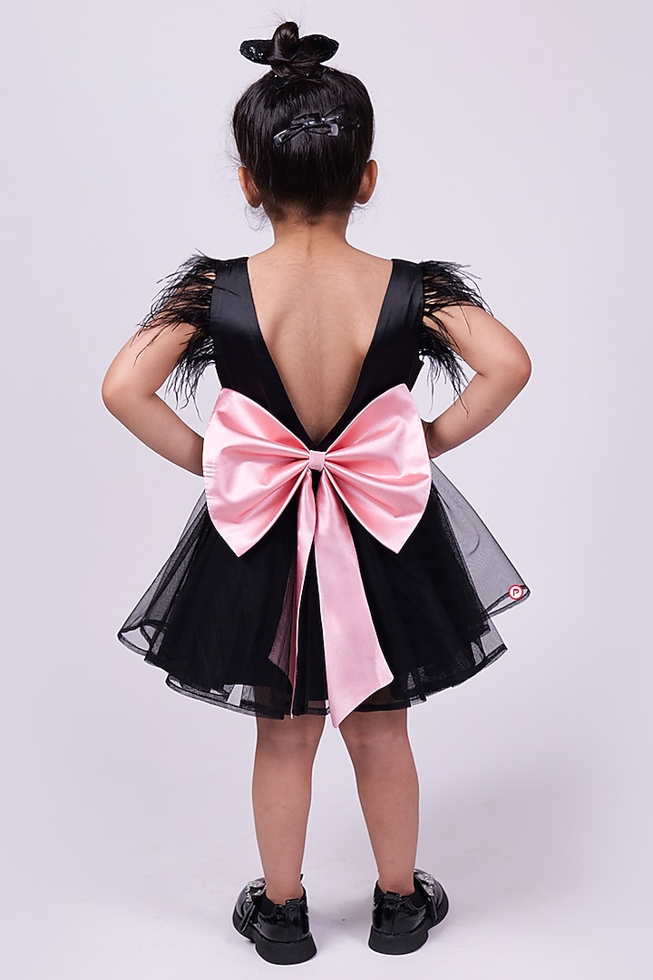 Black Satin & Net Feather Dress For Girls by PiccoRicco at Pernia's Pop Up Shop