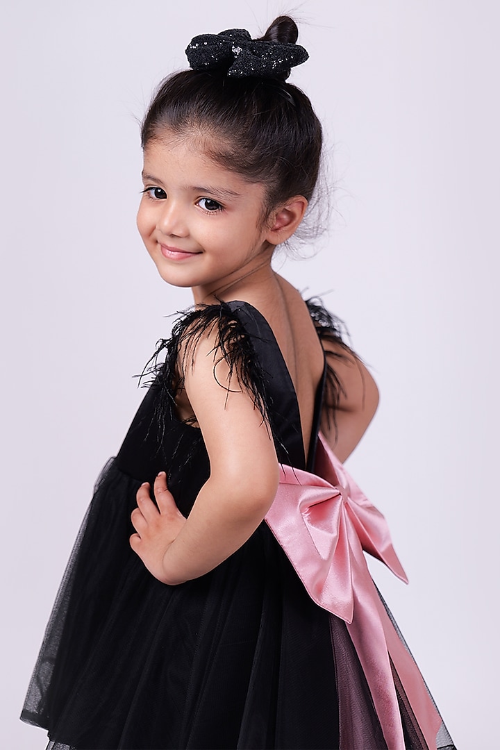 Black Satin & Net Feather Dress For Girls by PiccoRicco at Pernia's Pop Up Shop