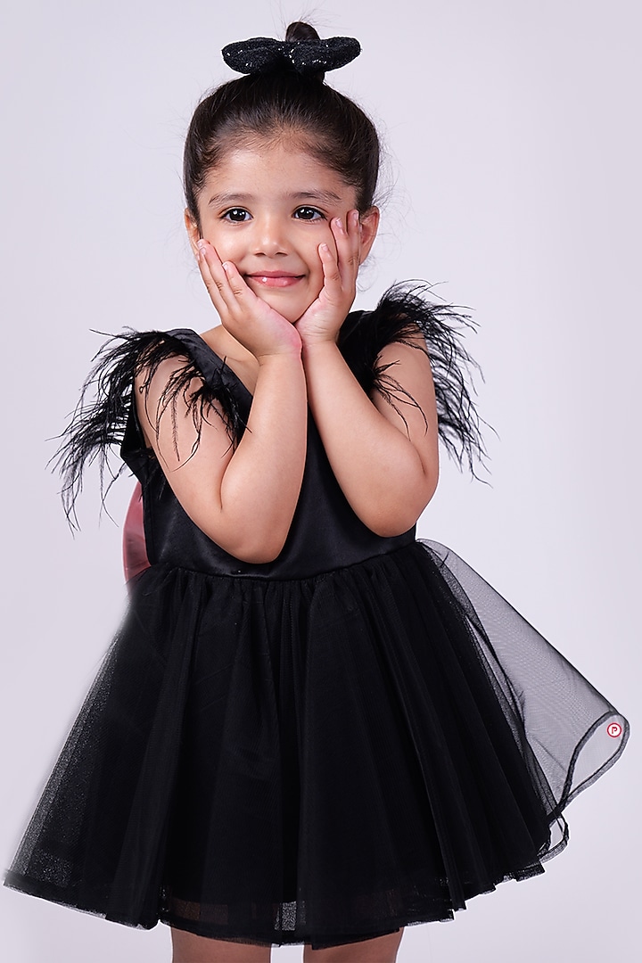 Black Satin & Net Feather Dress For Girls by PiccoRicco at Pernia's Pop Up Shop
