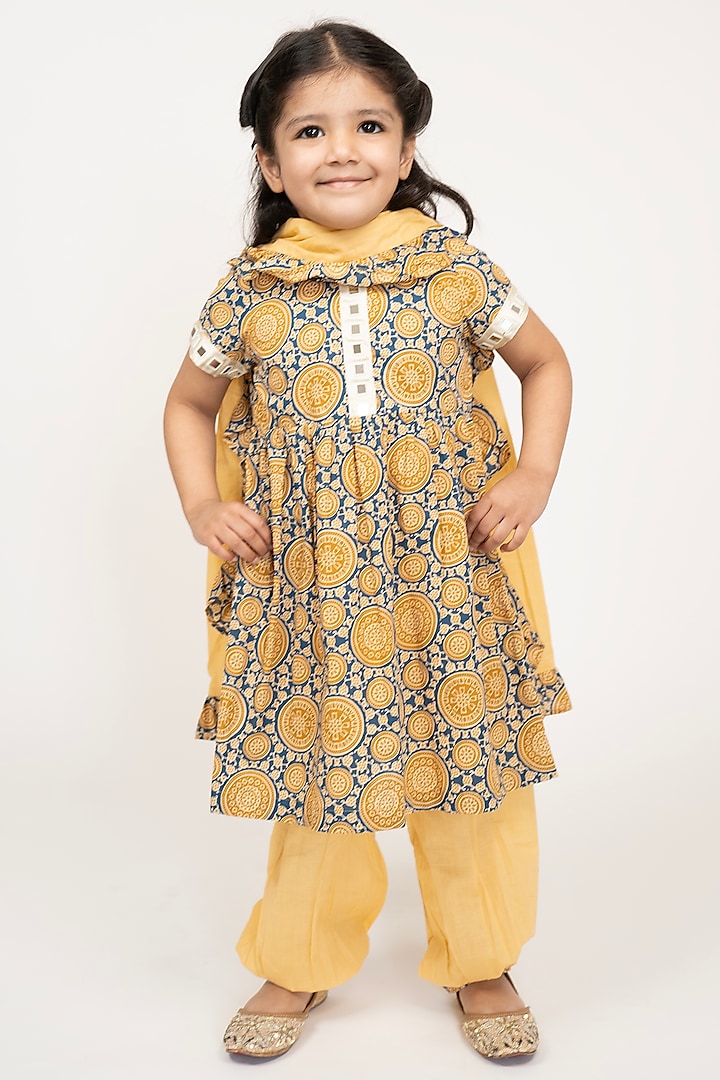 Blue & Beige Pure Cotton Kurta Set For Girls by PiccoRicco at Pernia's Pop Up Shop