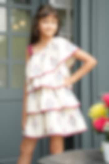 White & Maroon Cotton Printed One-Shoulder Frilled Dress For Girls by PiccoRicco at Pernia's Pop Up Shop