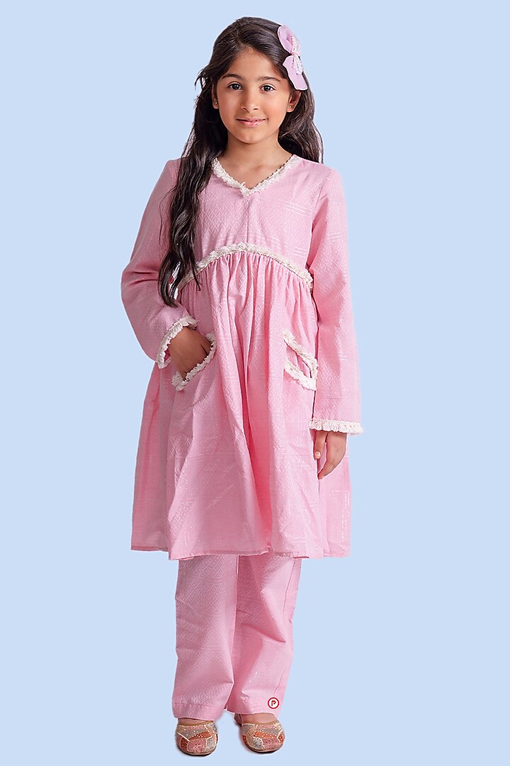 Pink Cotton Kurta Set For Girls by PiccoRicco