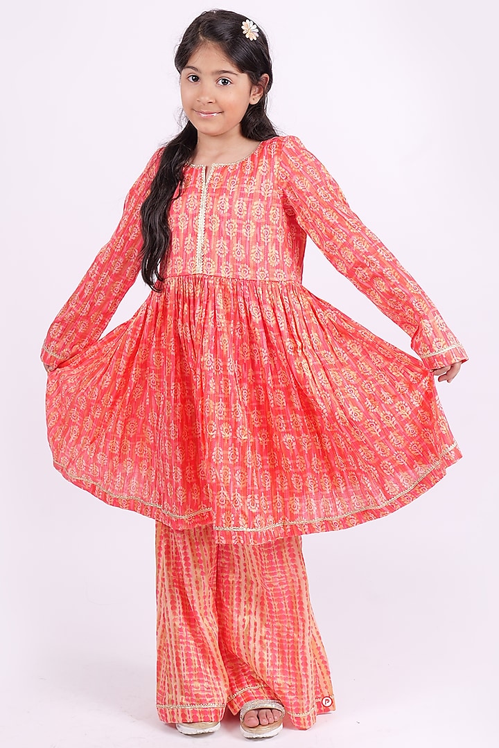 Pink & Neon Orange Cotton Silk Kurta Set For Girls by PiccoRicco at Pernia's Pop Up Shop