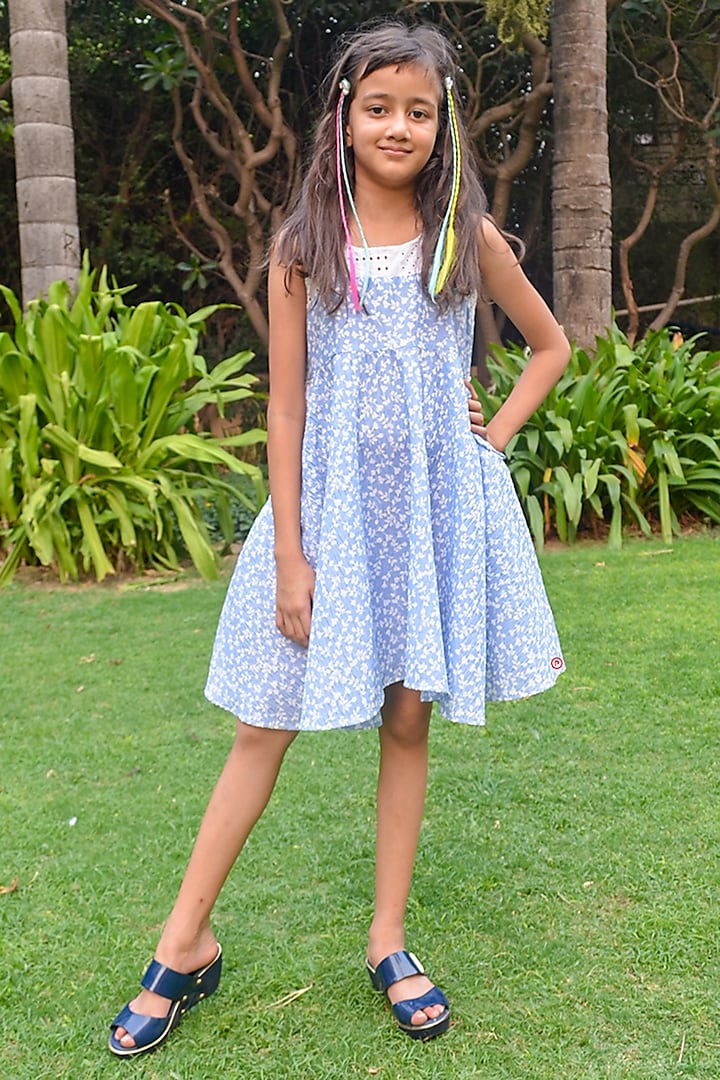 Blue & White Cotton A-Line Flared Dress For Girls by PiccoRicco at Pernia's Pop Up Shop