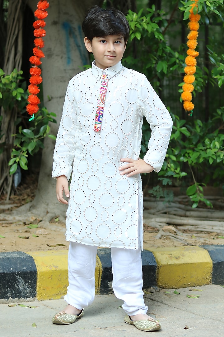 White Georgette Mirror Work Kurta Set For Boys by PiccoRicco