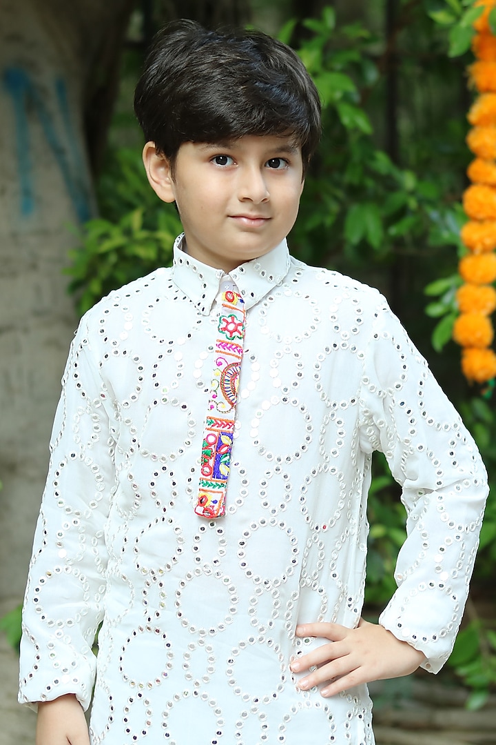 White Georgette Mirror Work Kurta Set For Boys by PiccoRicco at Pernia's Pop Up Shop