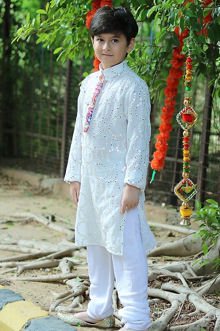 White Georgette Mirror Work Kurta Set For Boys by PiccoRicco at Pernia's Pop Up Shop