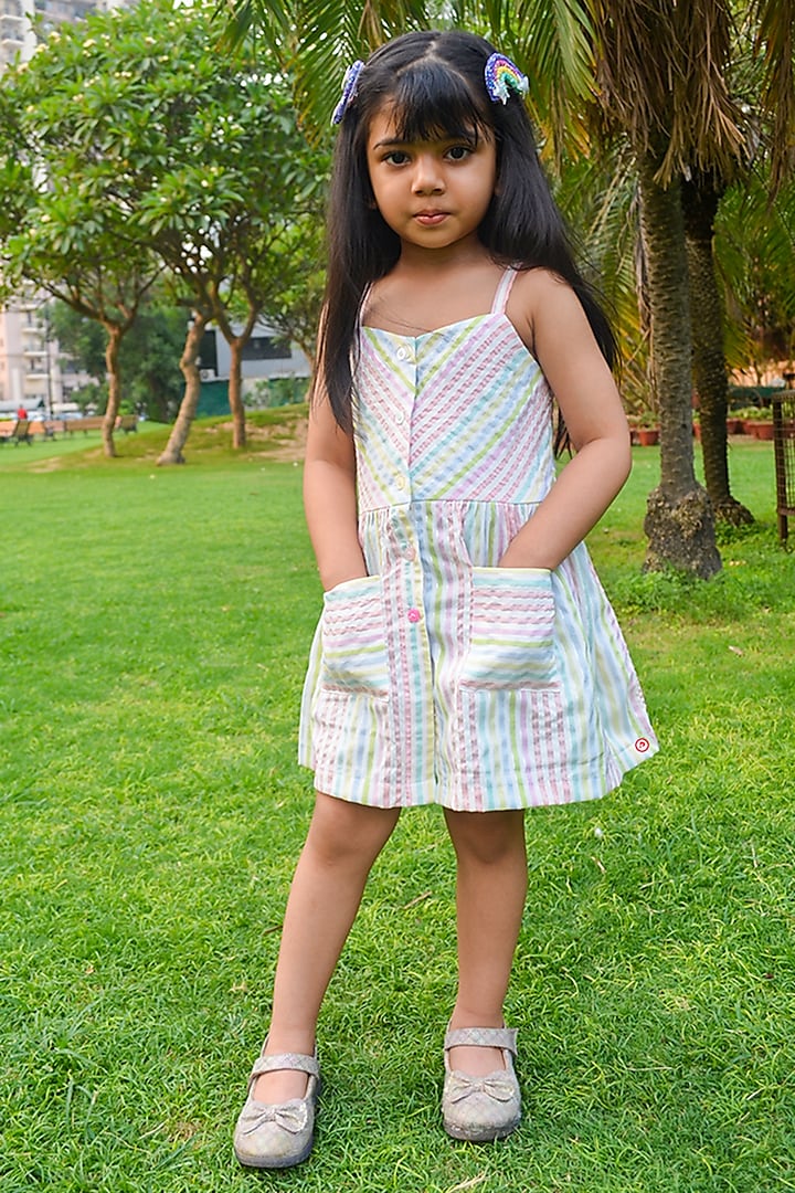 White Cotton Unicorn Striped Dress For Girls by PiccoRicco at Pernia's Pop Up Shop