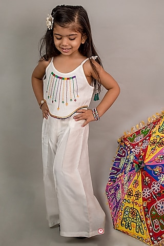 White Cotton Thread Embroidered Co-Ord Set For Girls by PiccoRicco