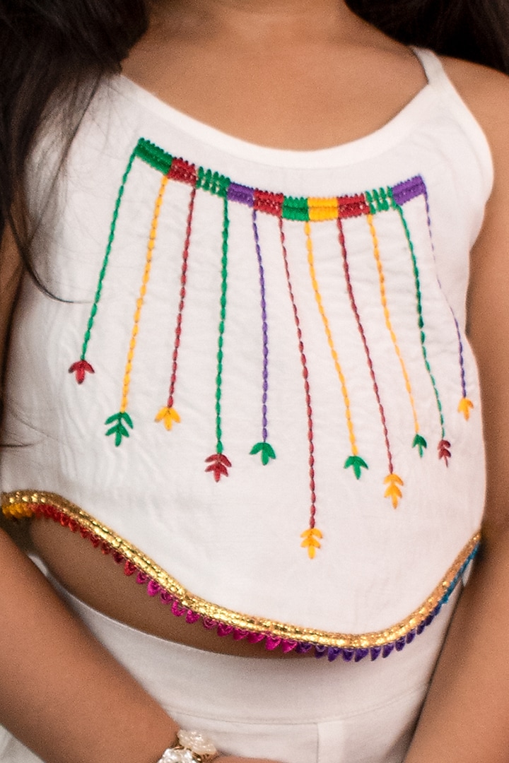 White Cotton Thread Embroidered Co-Ord Set For Girls by PiccoRicco at Pernia's Pop Up Shop