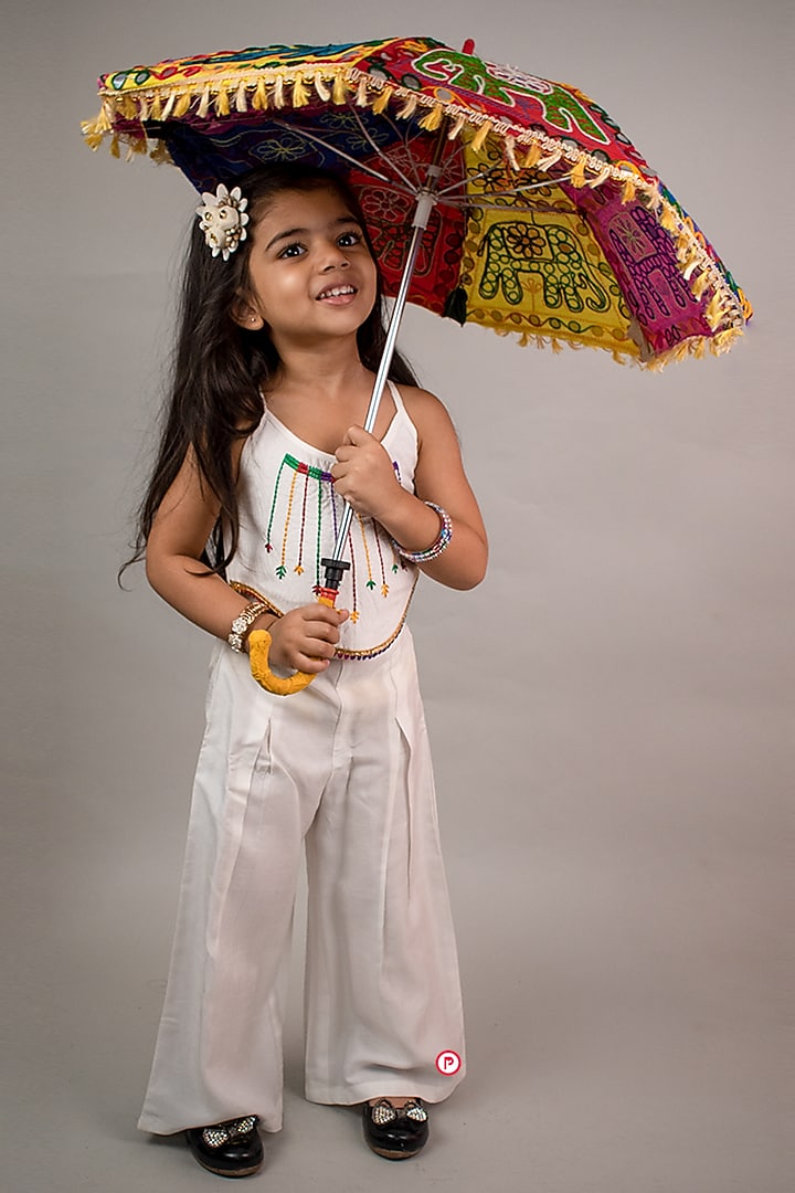 White Cotton Thread Embroidered Co-Ord Set For Girls by PiccoRicco at Pernia's Pop Up Shop