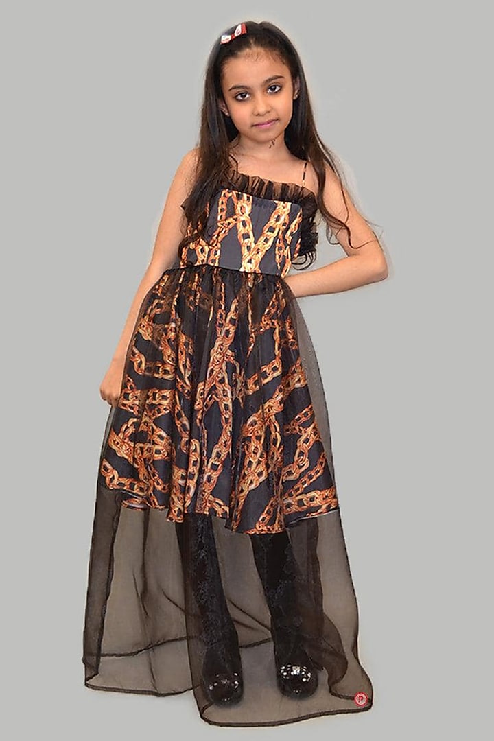 Black Satin & Organza Printed Dress For Girls by PiccoRicco at Pernia's Pop Up Shop