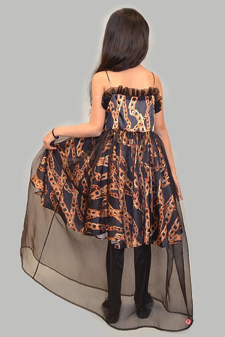 Black Satin & Organza Printed Dress For Girls by PiccoRicco at Pernia's Pop Up Shop