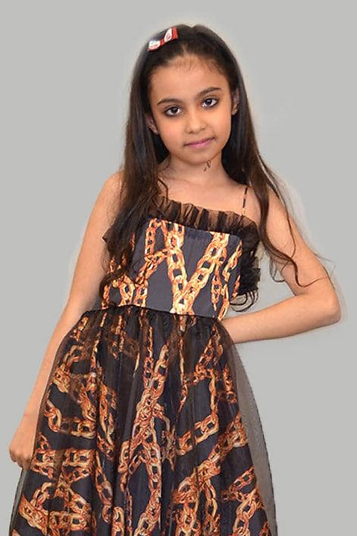 Black Satin & Organza Printed Dress For Girls by PiccoRicco at Pernia's Pop Up Shop