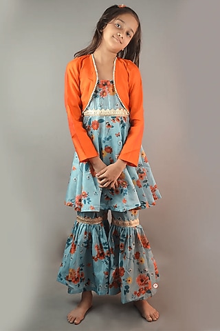 Olive Green Muslin Silk Floral Kurta Set For Girls by PiccoRicco