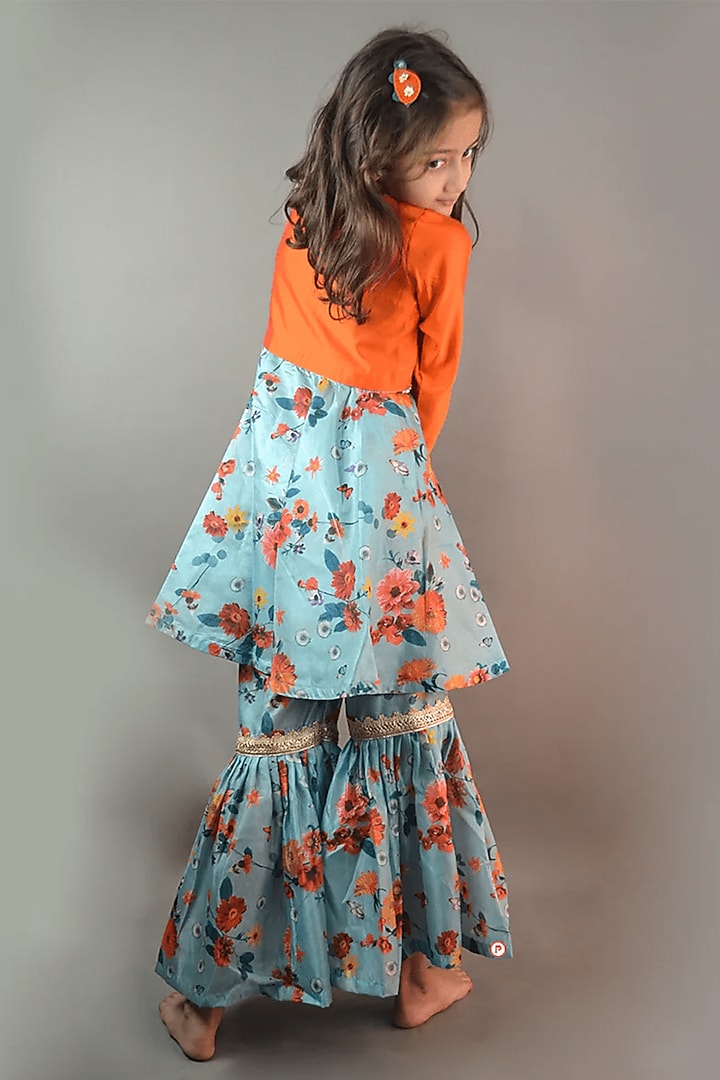 Olive Green Muslin Silk Floral Kurta Set For Girls by PiccoRicco at Pernia's Pop Up Shop