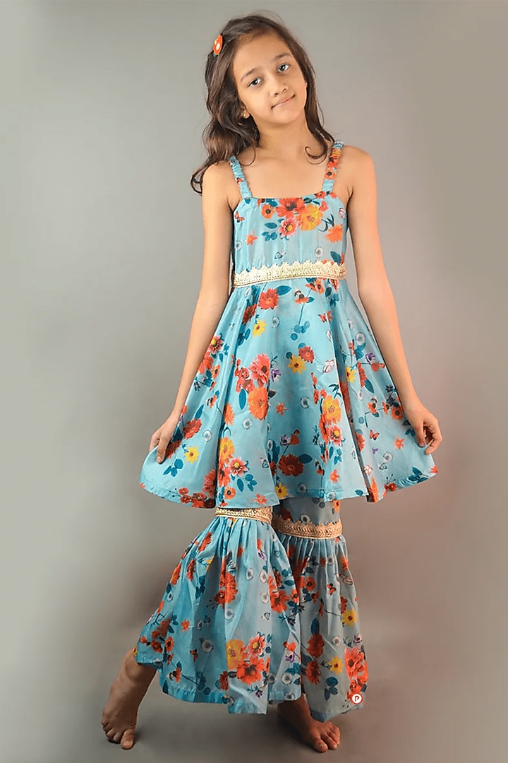 Olive Green Muslin Silk Floral Kurta Set For Girls by PiccoRicco at Pernia's Pop Up Shop