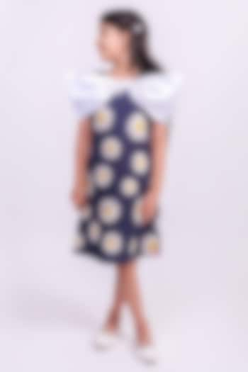 Blue & White Satin Daisy Floral Bow Dress For Girls by PiccoRicco at Pernia's Pop Up Shop