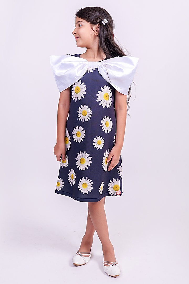 Blue & White Satin Daisy Floral Bow Dress For Girls by PiccoRicco at Pernia's Pop Up Shop