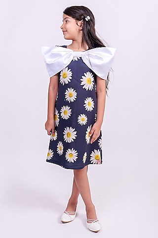 Blue & White Satin Daisy Floral Bow Dress For Girls by PiccoRicco