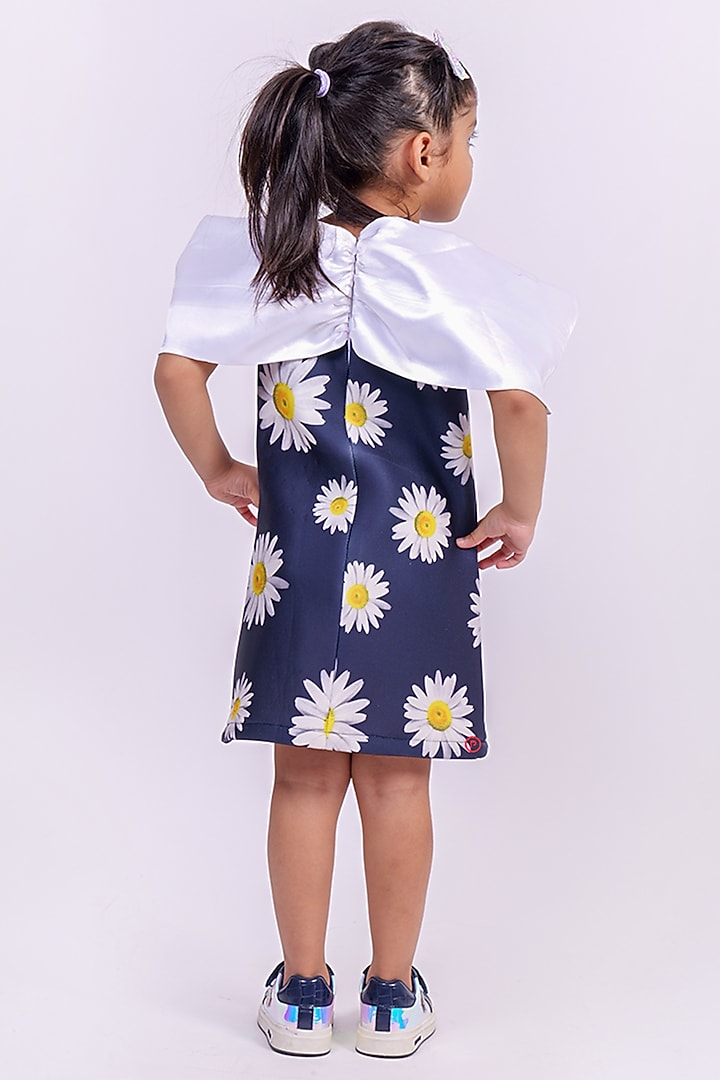 Blue & White Satin Daisy Floral Bow Dress For Girls by PiccoRicco at Pernia's Pop Up Shop