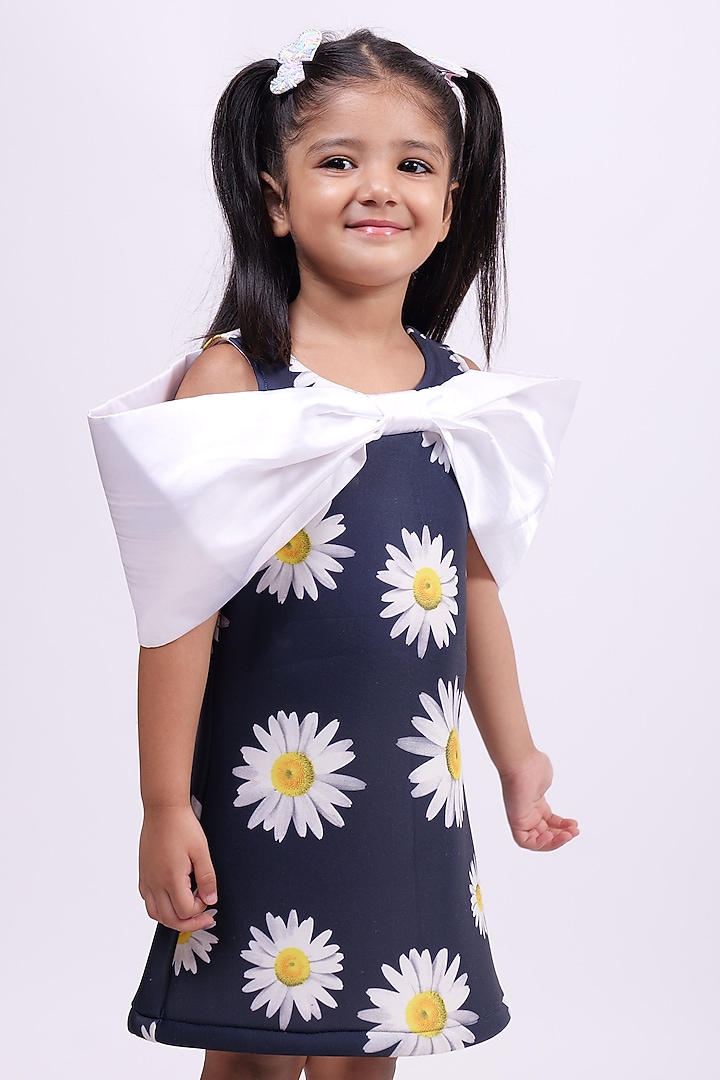 Blue & White Satin Daisy Floral Bow Dress For Girls by PiccoRicco at Pernia's Pop Up Shop