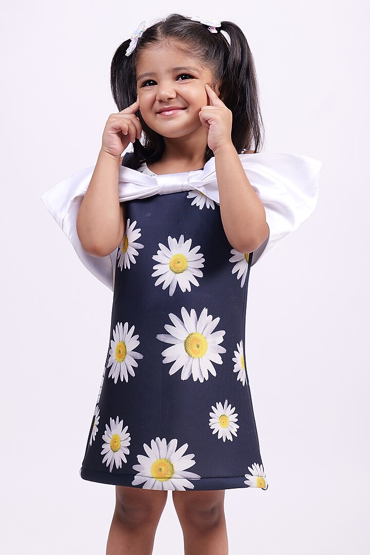 Blue & White Satin Daisy Floral Bow Dress For Girls by PiccoRicco at Pernia's Pop Up Shop