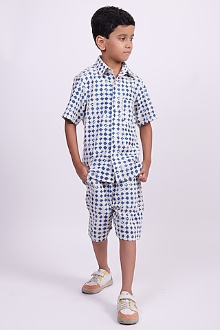 Blue & Beige Cotton Printed Co-Ord Set For Boys by PiccoRicco