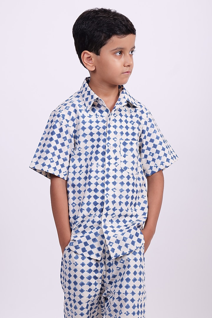 Blue & Beige Cotton Printed Co-Ord Set For Boys by PiccoRicco at Pernia's Pop Up Shop