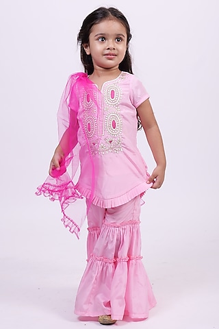 Pink Butter Silk Embroidered Kurta Set For Girls by PiccoRicco