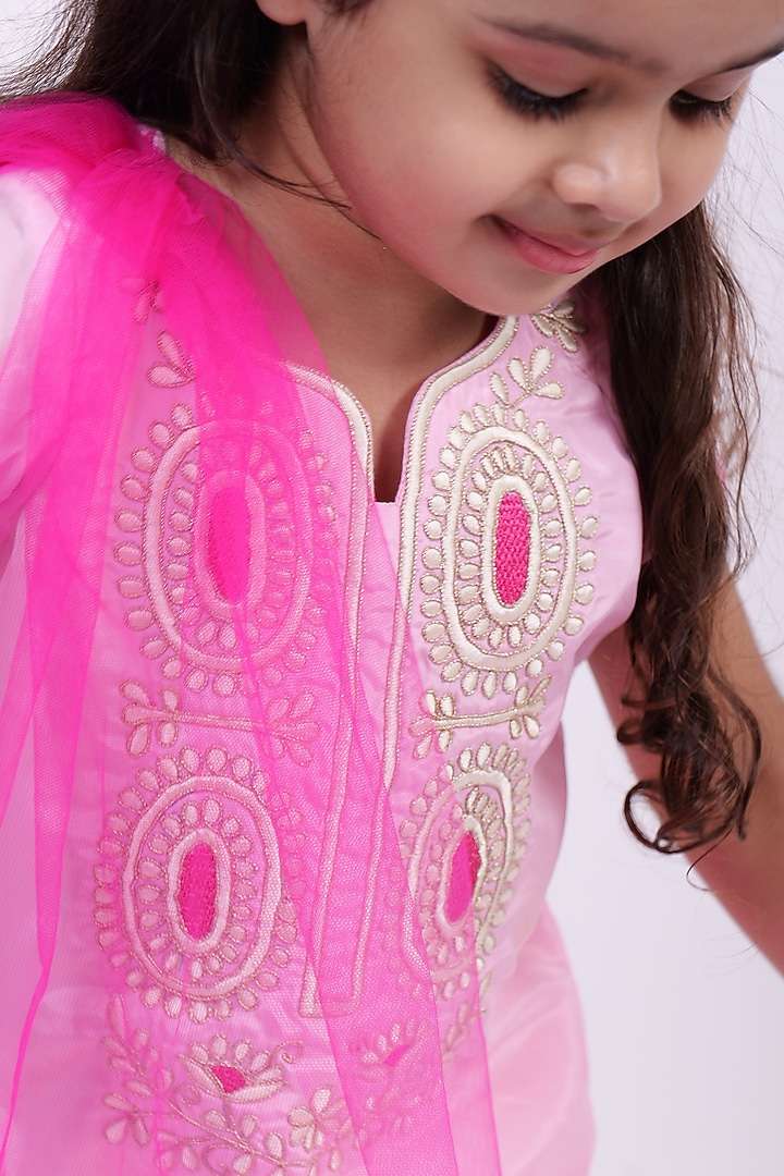 Pink Butter Silk Embroidered Kurta Set For Girls by PiccoRicco at Pernia's Pop Up Shop