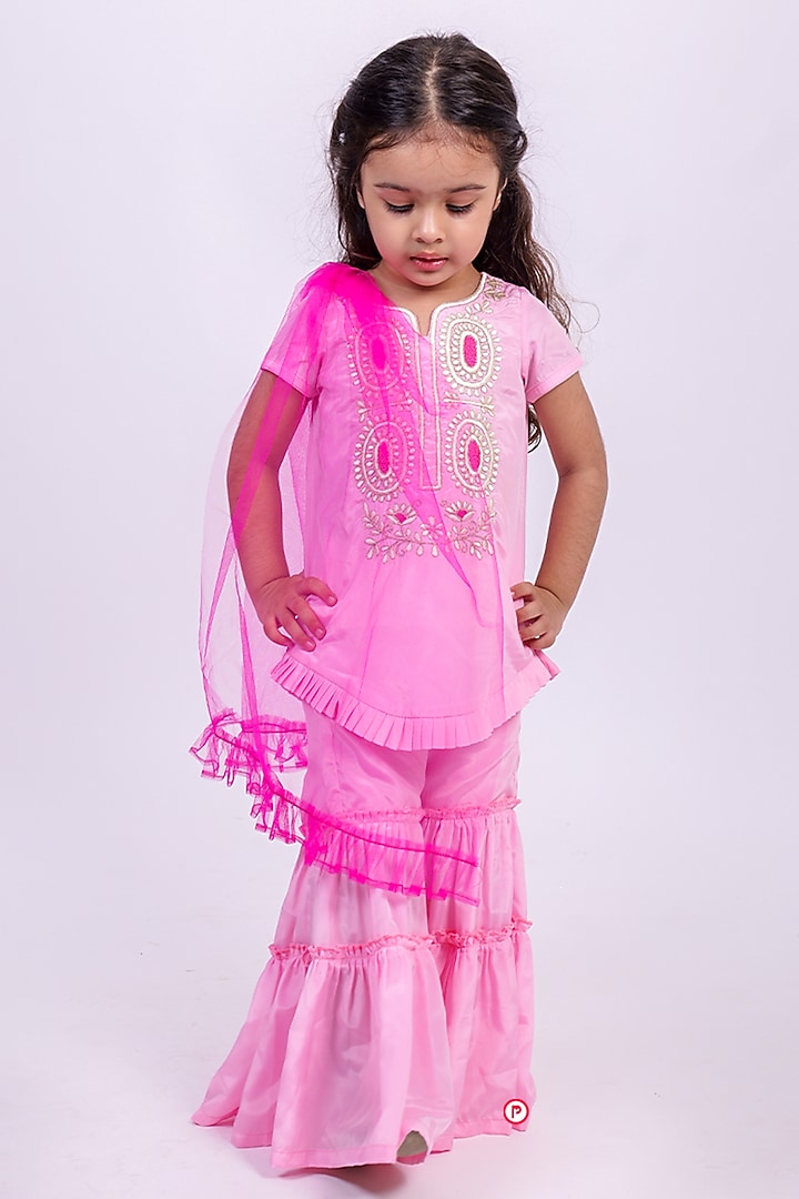 Pink Butter Silk Embroidered Kurta Set For Girls by PiccoRicco at Pernia's Pop Up Shop