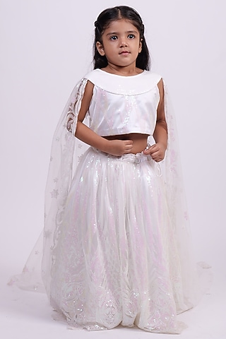 White Net Sequin Lehenga Set For Girls by PiccoRicco