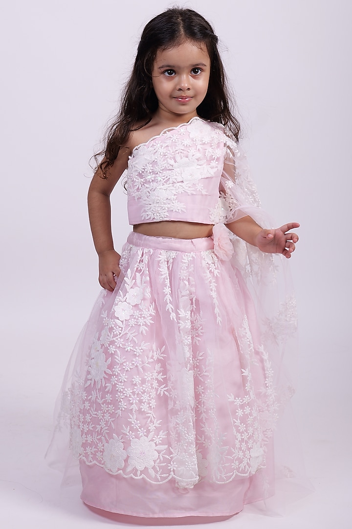 Baby Pink Net Thread & Floral Embroidered Lehenga Set For Girls by PiccoRicco