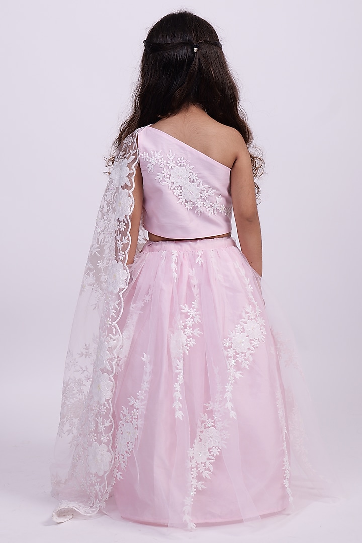 Baby Pink Net Thread & Floral Embroidered Lehenga Set For Girls by PiccoRicco at Pernia's Pop Up Shop