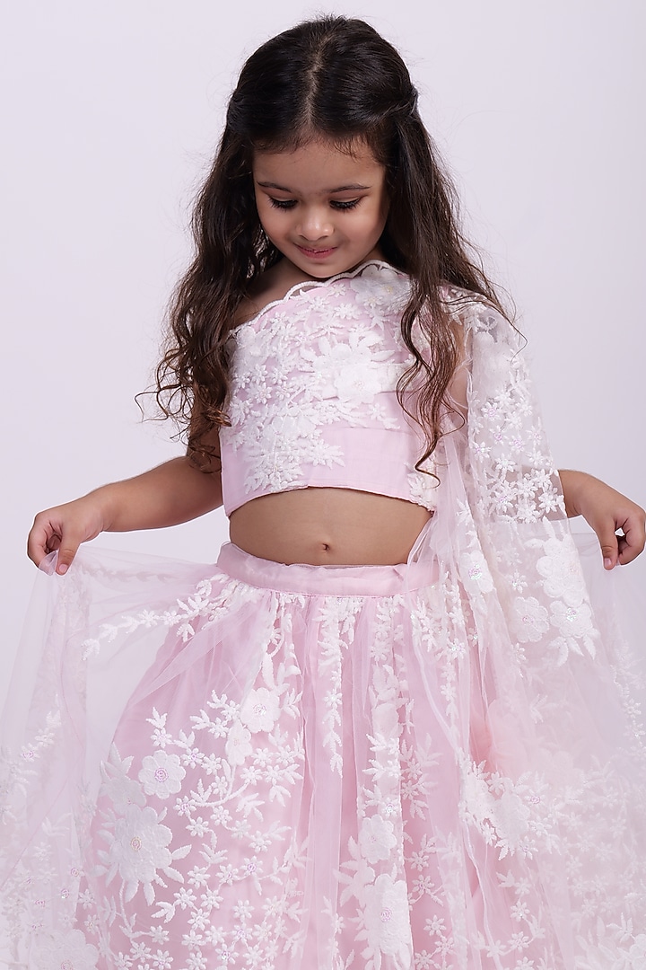 Baby Pink Net Thread & Floral Embroidered Lehenga Set For Girls by PiccoRicco at Pernia's Pop Up Shop