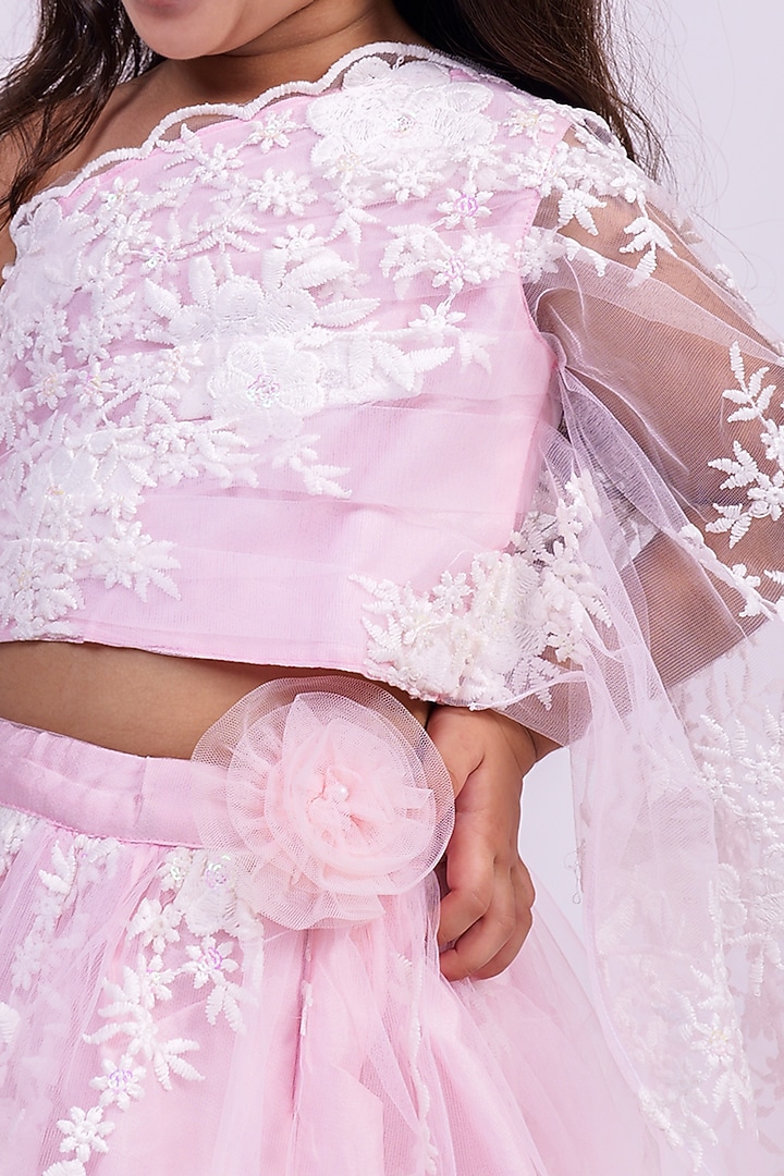 Baby Pink Net Thread & Floral Embroidered Lehenga Set For Girls by PiccoRicco at Pernia's Pop Up Shop
