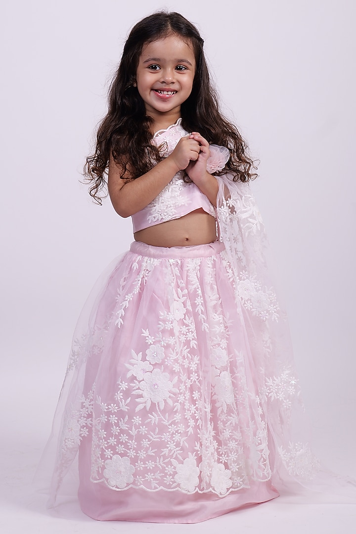 Baby Pink Net Thread & Floral Embroidered Lehenga Set For Girls by PiccoRicco at Pernia's Pop Up Shop