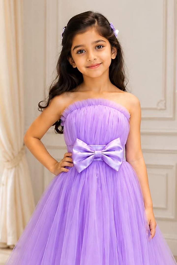 Lilac Net Off-Shoulder Gown For Girls by PiccoRicco at Pernia's Pop Up Shop
