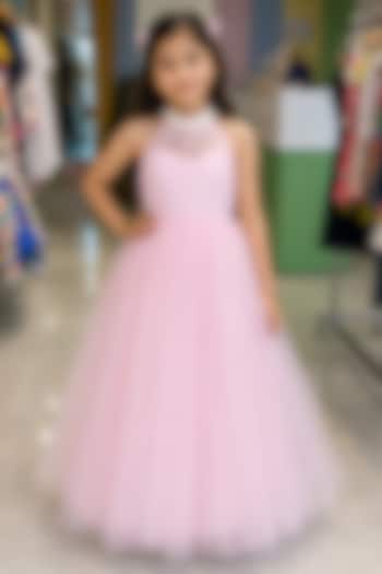 Pink Net Pearl Embellished Halter Gown For Girls by PiccoRicco at Pernia's Pop Up Shop