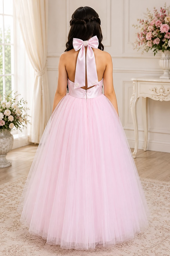 Pink Net Pearl Embellished Halter Gown For Girls by PiccoRicco at Pernia's Pop Up Shop
