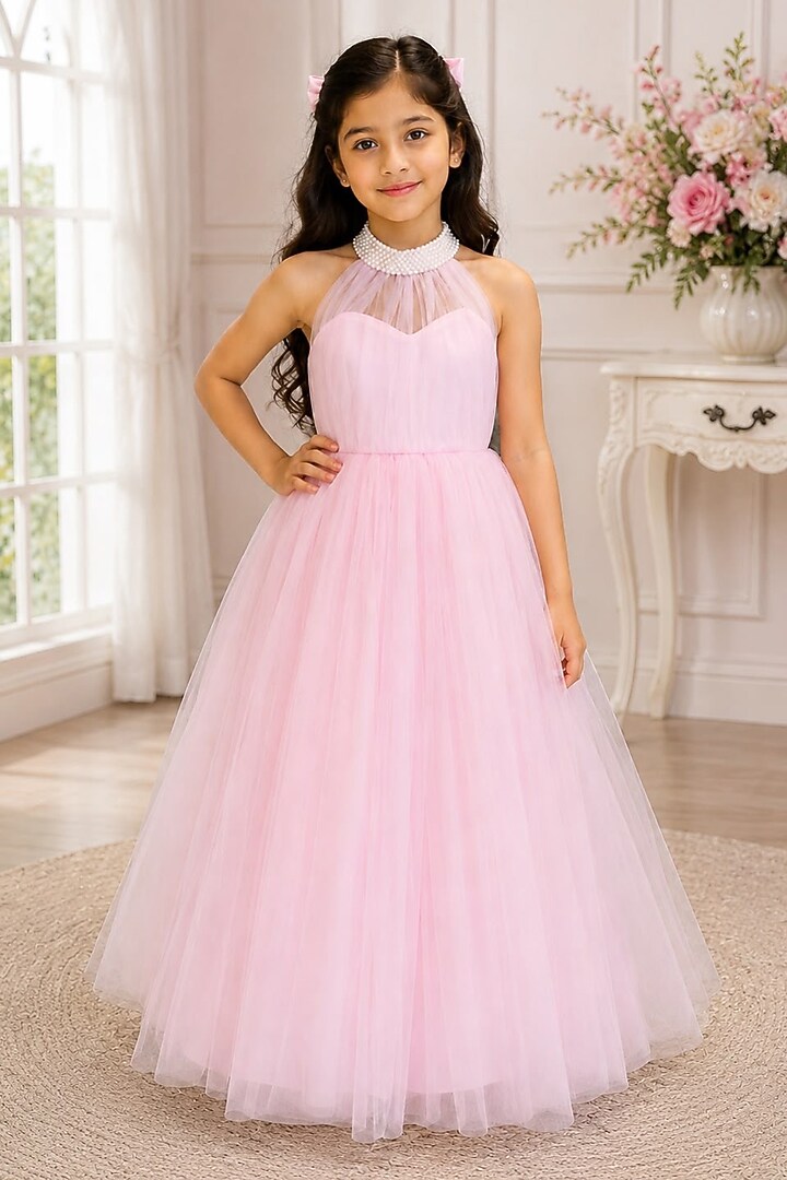 Pink Net Pearl Embellished Halter Gown For Girls by PiccoRicco at Pernia's Pop Up Shop