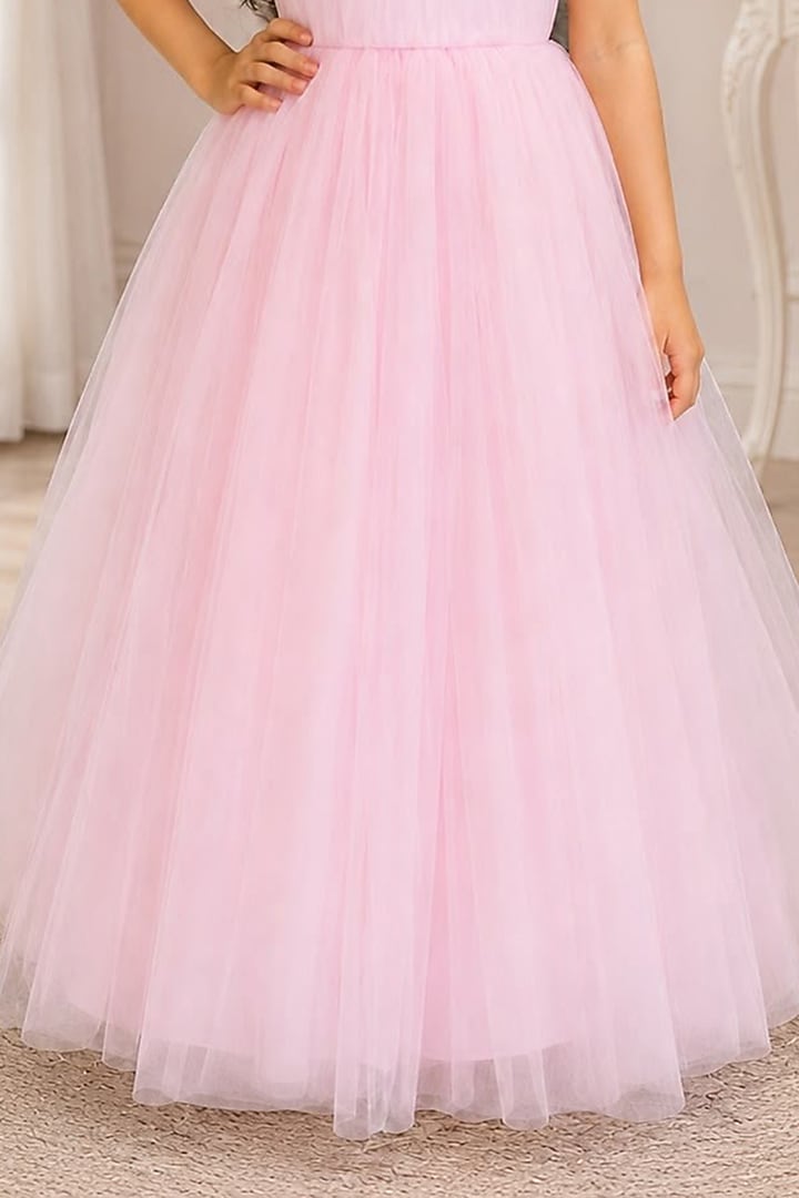 Pink Net Pearl Embellished Halter Gown For Girls by PiccoRicco at Pernia's Pop Up Shop