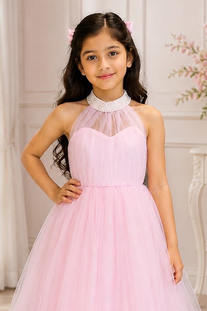 Pink Net Pearl Embellished Halter Gown For Girls by PiccoRicco at Pernia's Pop Up Shop