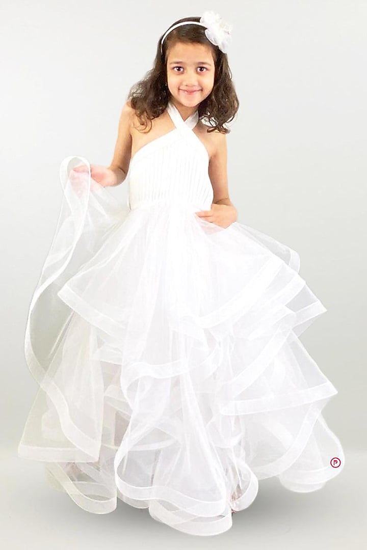 White Net Layered Halter Gown For Girls by PiccoRicco at Pernia's Pop Up Shop