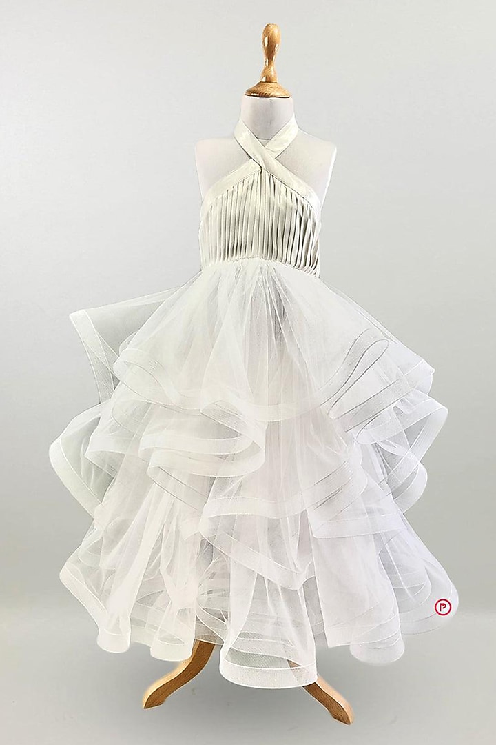 White Net Layered Halter Gown For Girls by PiccoRicco at Pernia's Pop Up Shop