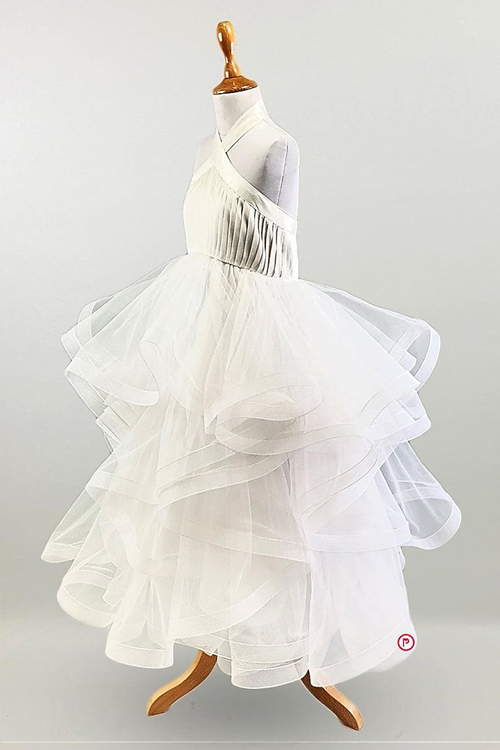 White Net Layered Halter Gown For Girls by PiccoRicco at Pernia's Pop Up Shop